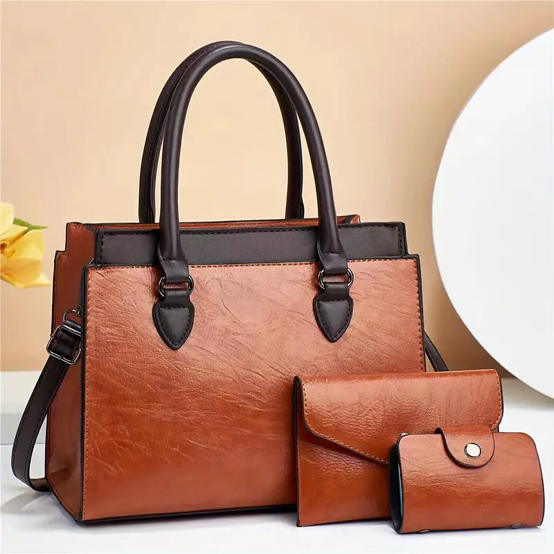 Conjunto de 3 peças de bolsa de alça superior vintage, bolsa crossbody e bolsa de mão
