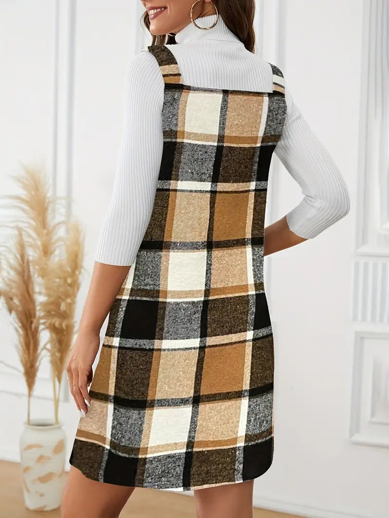 Vestido Suspensório xadrez padrão, vestido casual sem mangas com bolsos