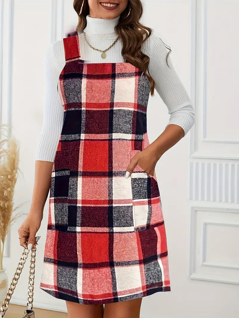 Vestido Suspensório xadrez padrão, vestido casual sem mangas com bolsos