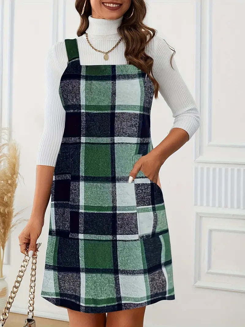 Vestido Suspensório xadrez padrão, vestido casual sem mangas com bolsos