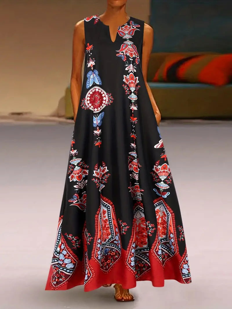 Vestido regata com estampa floral com decote em V, vestido vintage sem mangas com bolsos duplos