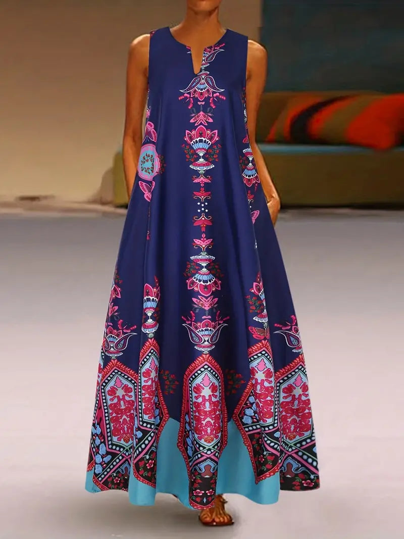 Vestido regata com estampa floral com decote em V, vestido vintage sem mangas com bolsos duplos