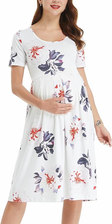 Vestido feminino casual listrado para maternidade curto e manga 3/4 na altura do joelho para gravidez