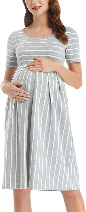 Vestido feminino casual listrado para maternidade curto e manga 3/4 na altura do joelho para gravidez