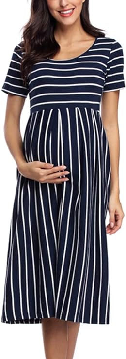 Vestido feminino casual listrado para maternidade curto e manga 3/4 na altura do joelho para gravidez