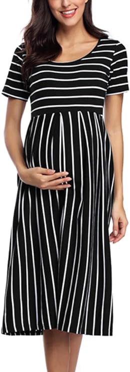 Vestido feminino casual listrado para maternidade curto e manga 3/4 na altura do joelho para gravidez