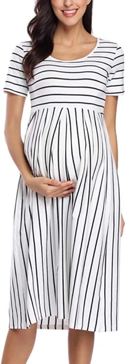 Vestido feminino casual listrado para maternidade curto e manga 3/4 na altura do joelho para gravidez