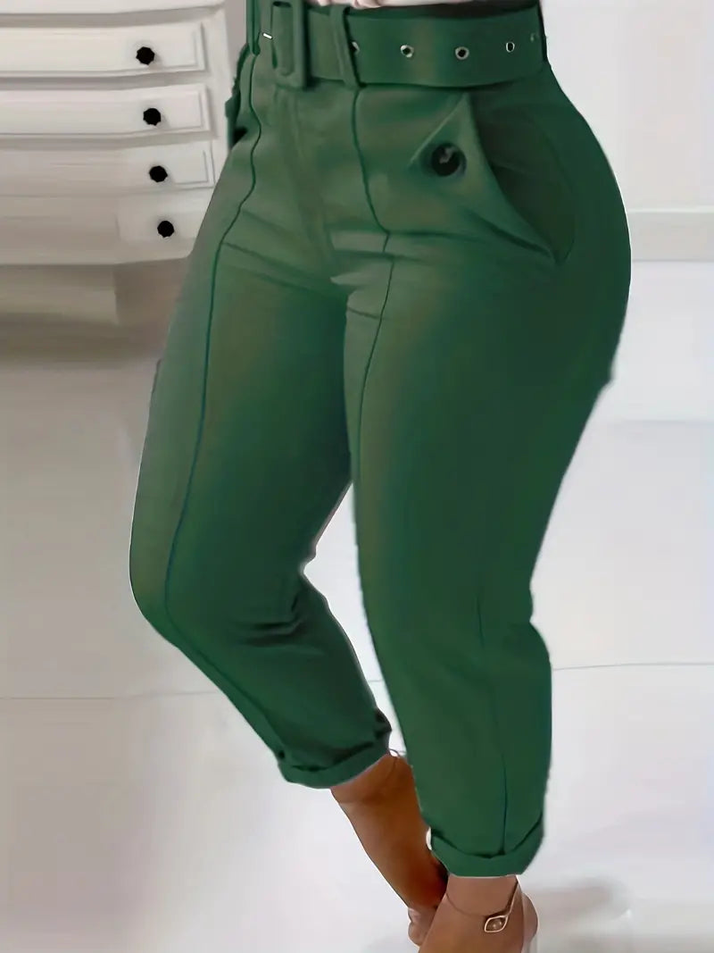 Calça skinny com cinto sólido, calça com botão de bolso inclinado