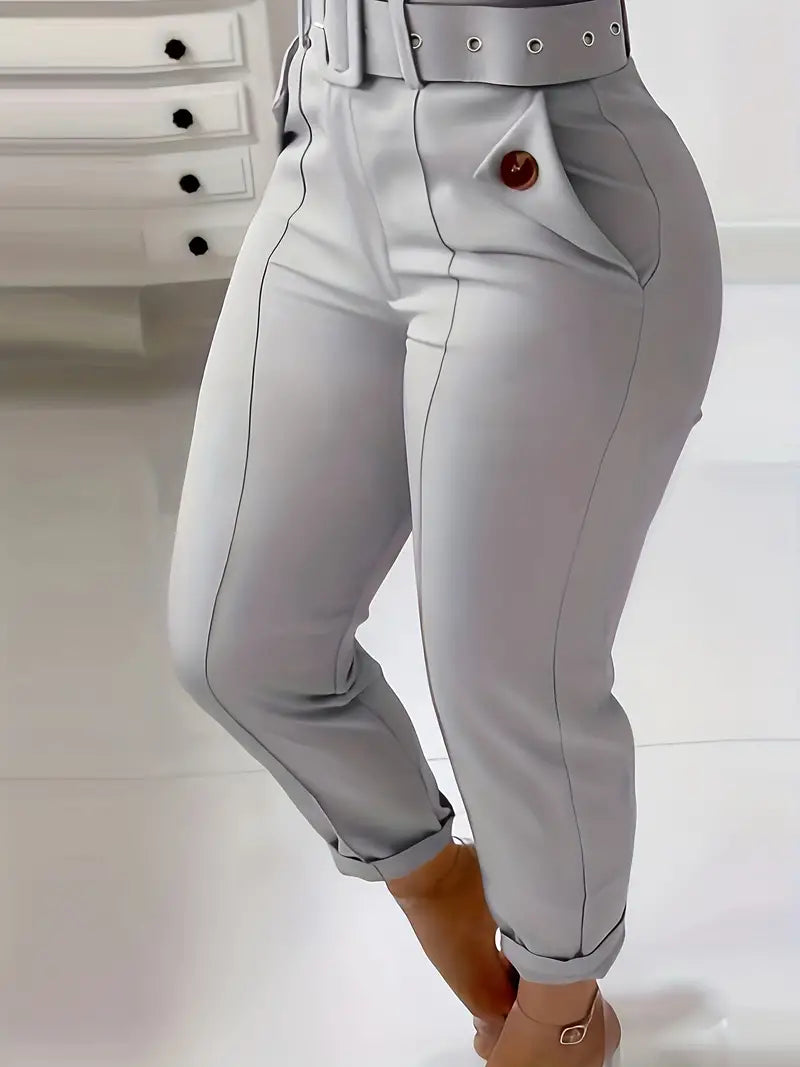 Calça skinny com cinto sólido, calça com botão de bolso inclinado