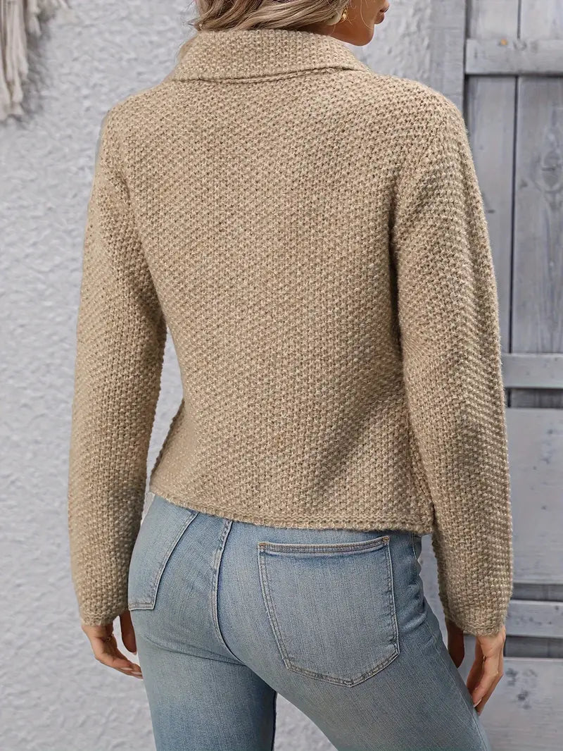 Suéter feminino chique de malha com gola polo sólida , manga comprida, botão frontal