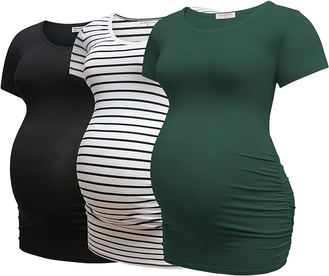 Conjunto de 3 camisetas clássica com babados laterais, roupas para gravidez