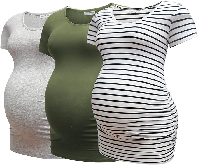 Conjunto de 3 camisetas clássica com babados laterais, roupas para gravidez