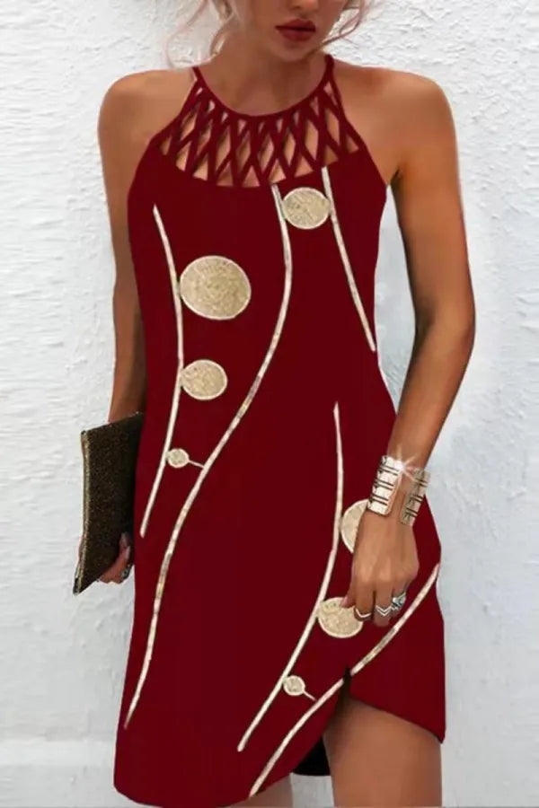 Vestido casual estampado de gola redonda sem mangas