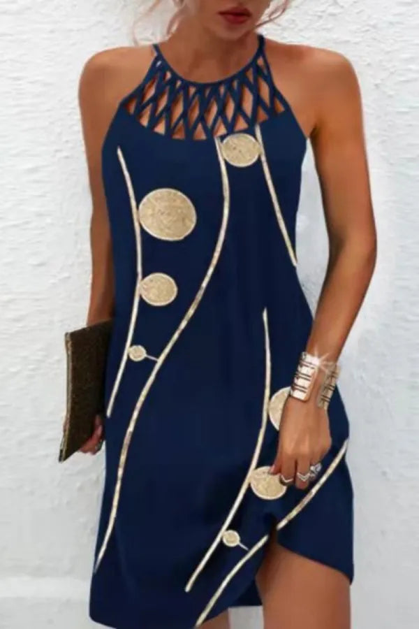 Vestido casual estampado de gola redonda sem mangas