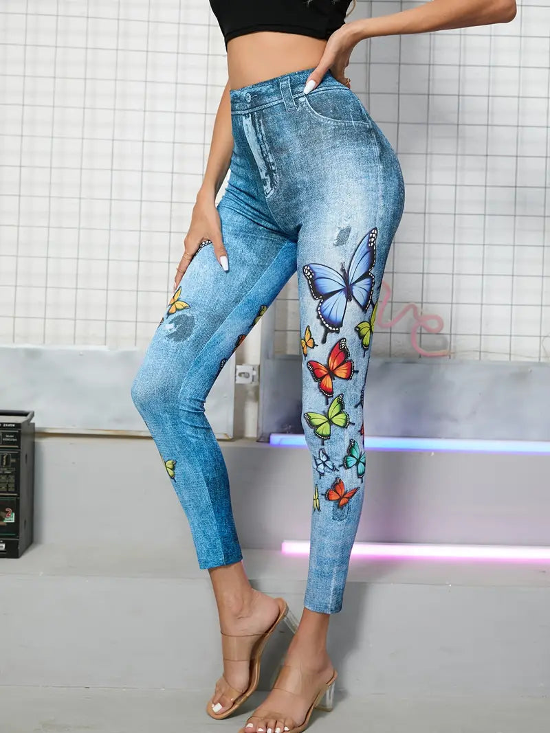 Calça jeans floral estampada de cintura alta cortada ao corpo com bolsos falsos