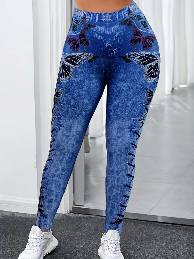 Calça colante de cintura alta com estampa de borboleta