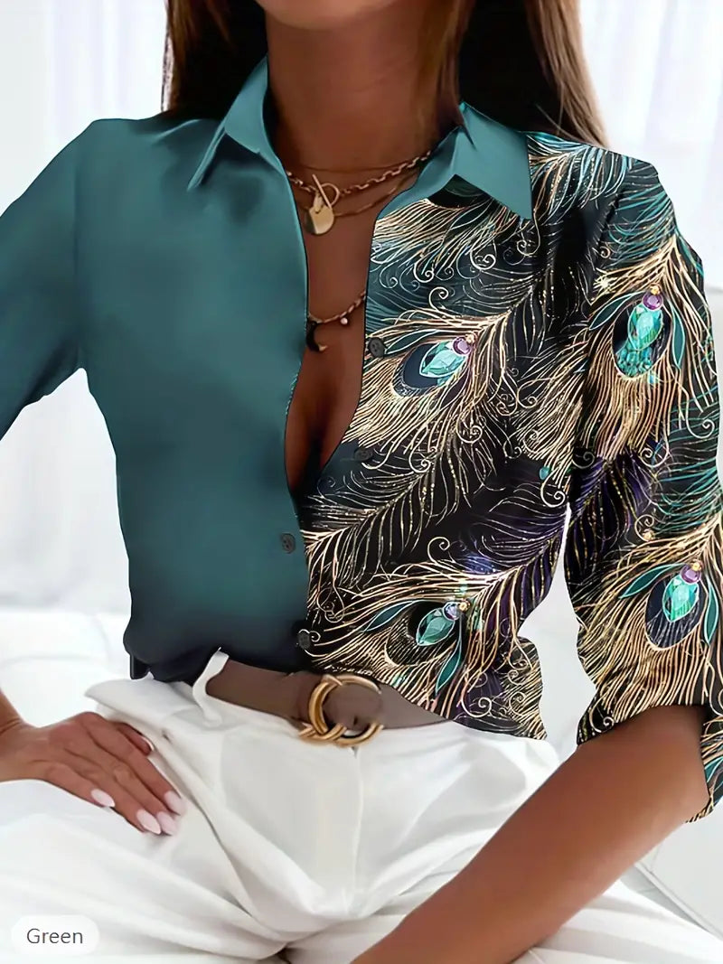 Camisa com estampa de corrente em bloco colorido, camisa casual de manga comprida com botão frontal