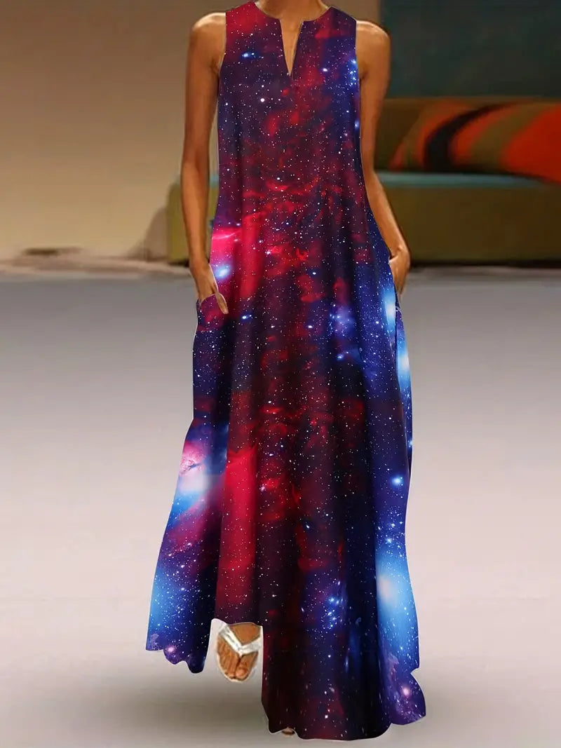 Vestido regata com estampa Galaxy com decote em V, vestido casual sem mangas para primavera e verão