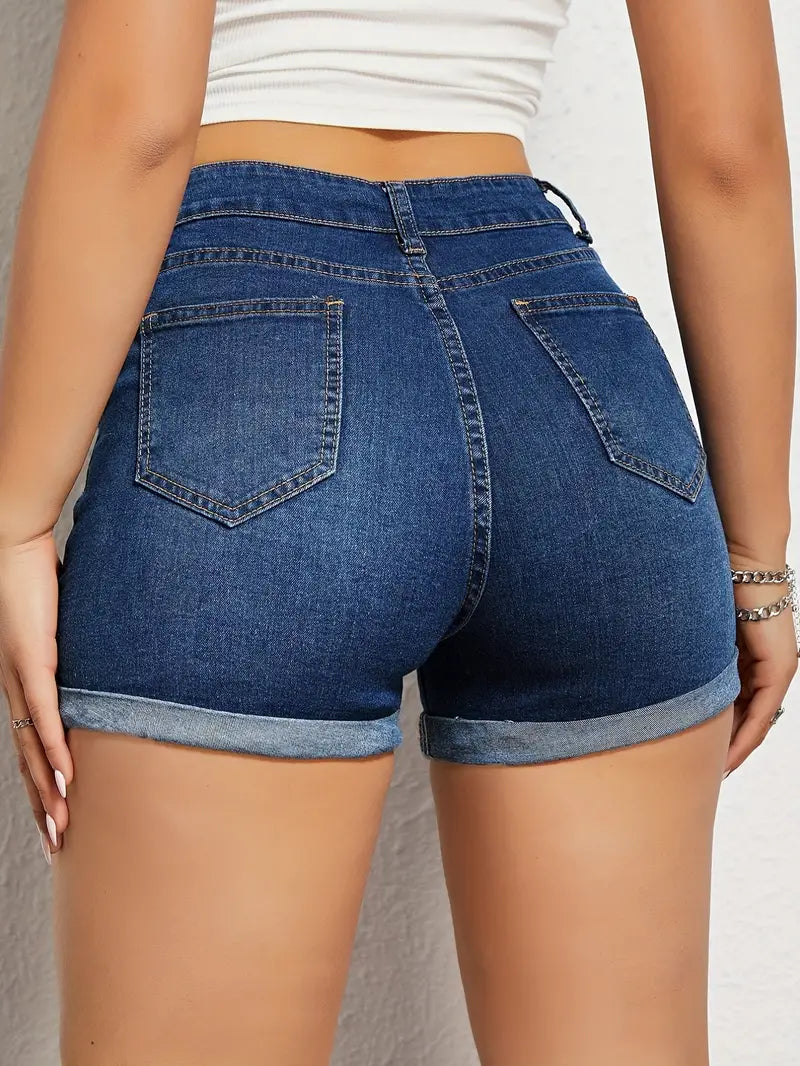 Shorts jeans elásticos com bainha enrolada azul escuro, bolsos retos