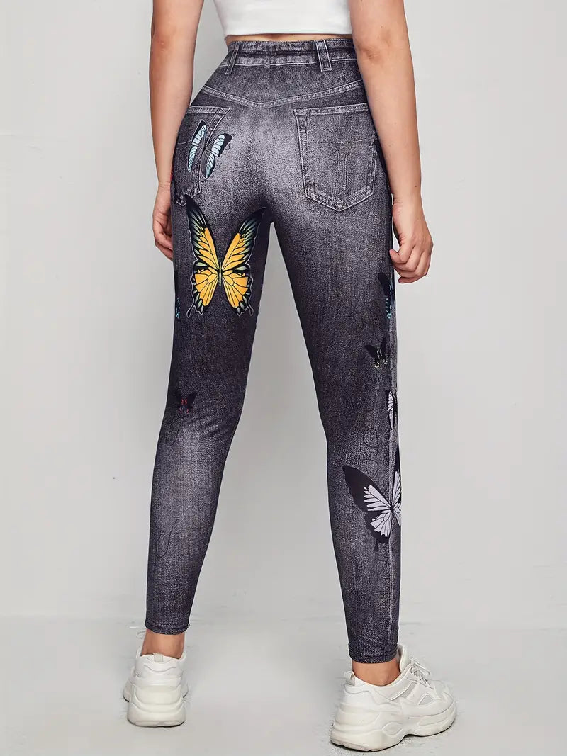 Calça jeans floral estampada de cintura alta cortada ao corpo com bolsos falsos