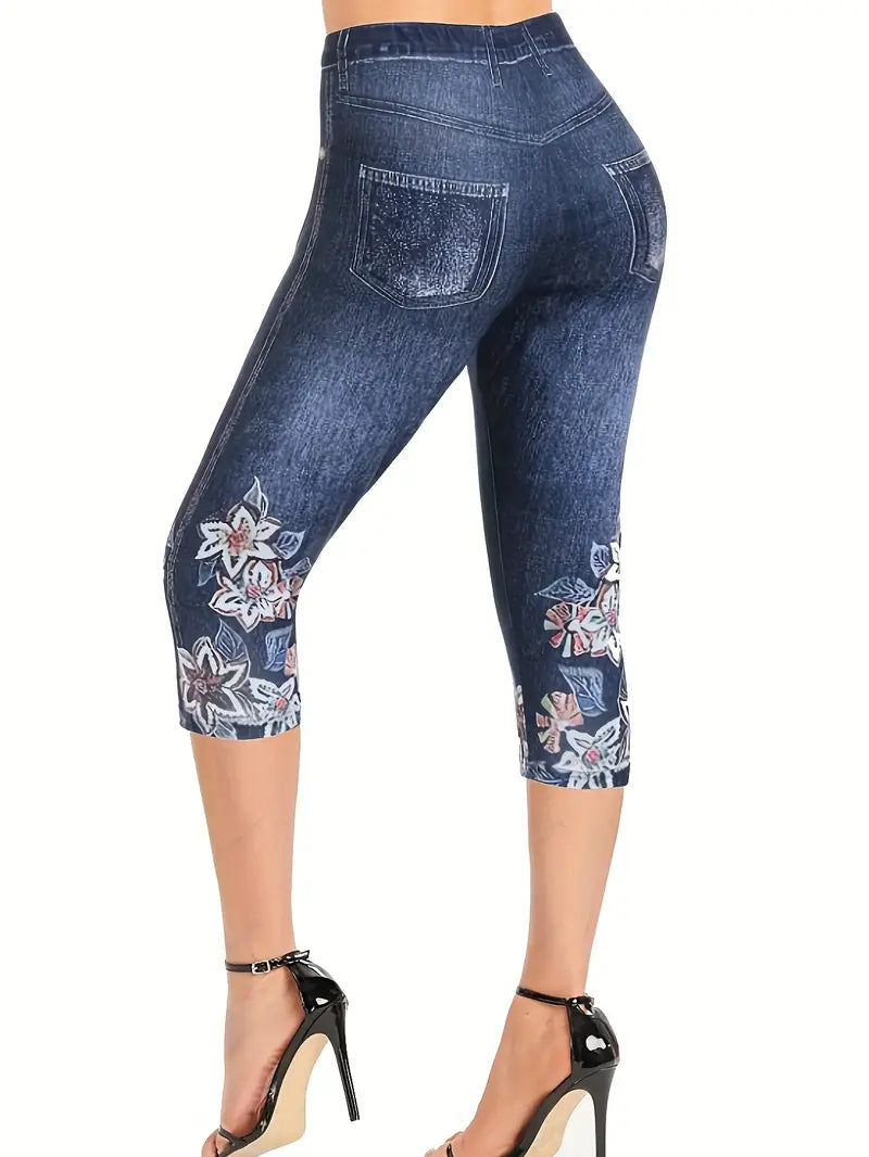 Bermuda colante elásticas de Jeans com estampa floral