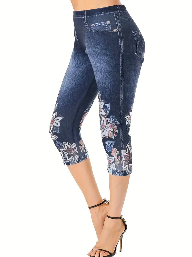 Bermuda colante elásticas de Jeans com estampa floral