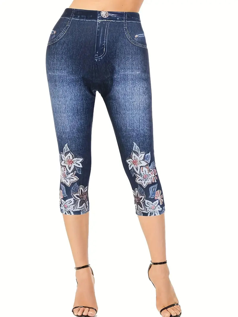 Bermuda colante elásticas de Jeans com estampa floral