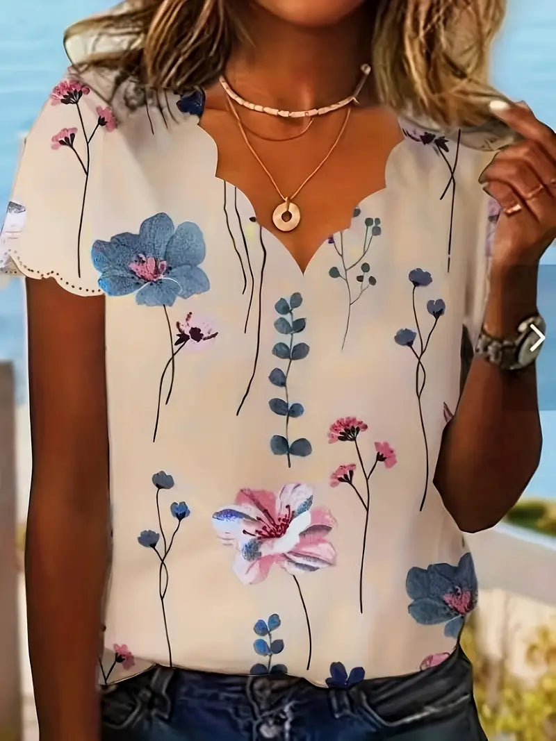 Blusa com acabamento em vieira com estampa floral, blusa casual de manga curta com decote em V