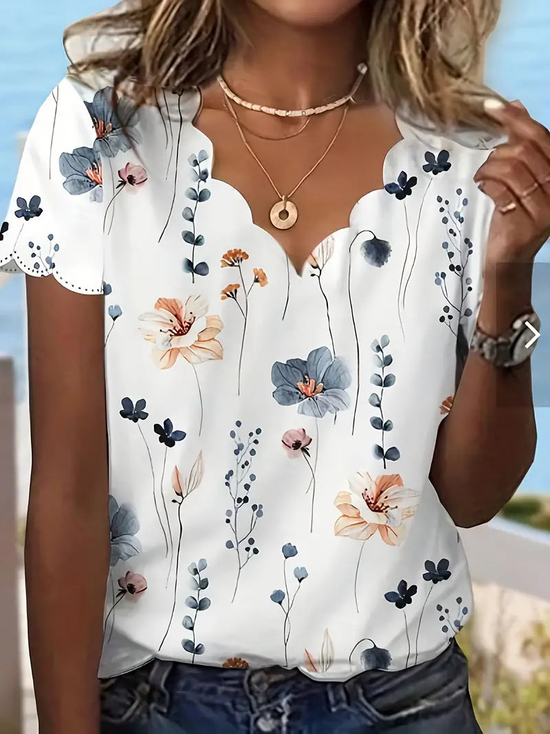 Blusa com acabamento em vieira com estampa floral, blusa casual de manga curta com decote em V