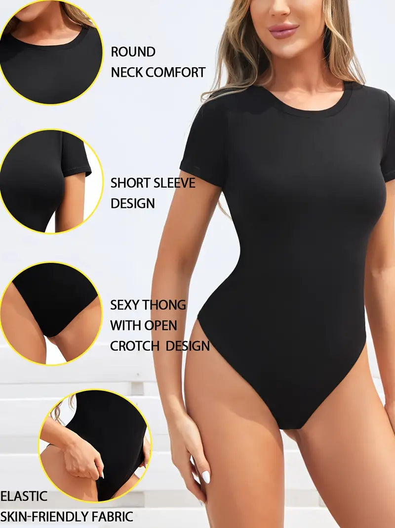 Body modelador de manga curta, modelador de corpo fino com gola redonda e controle de barriga