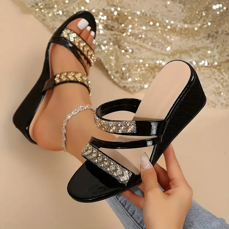 Sandálias com glitter e strass brilhante, calçados confortáveis, bico redondo