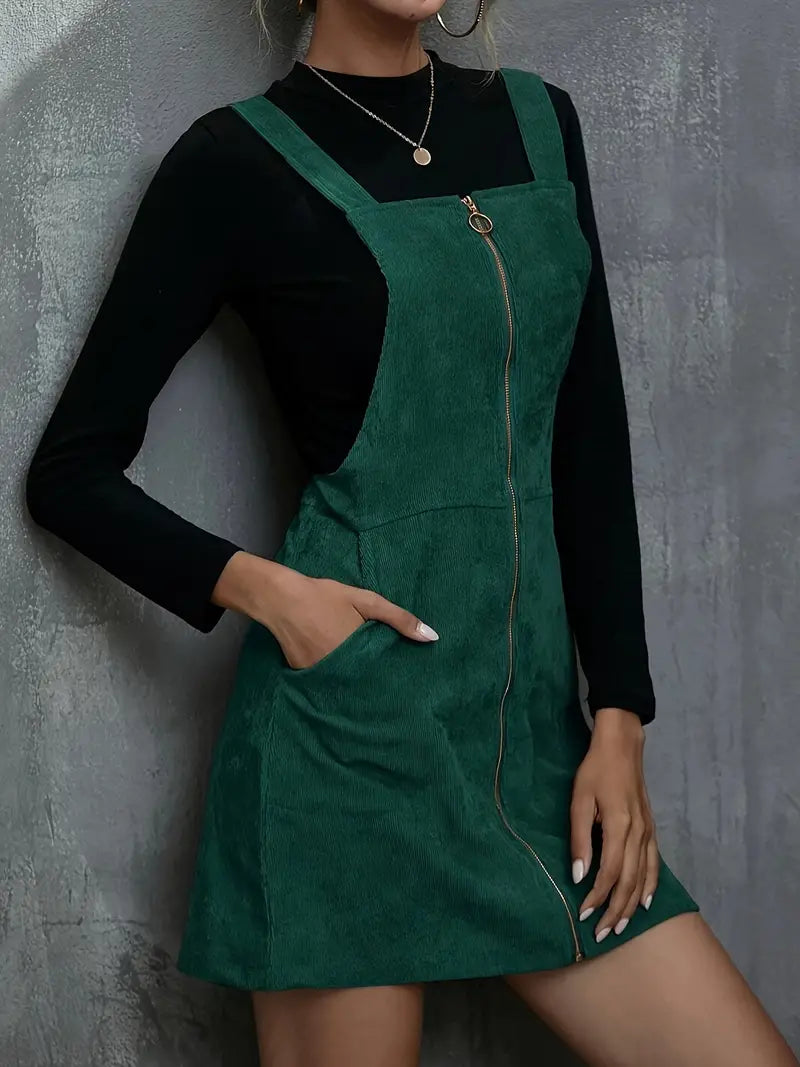 Vestido com zíper e bolso, vestido sólido casual sem mangas