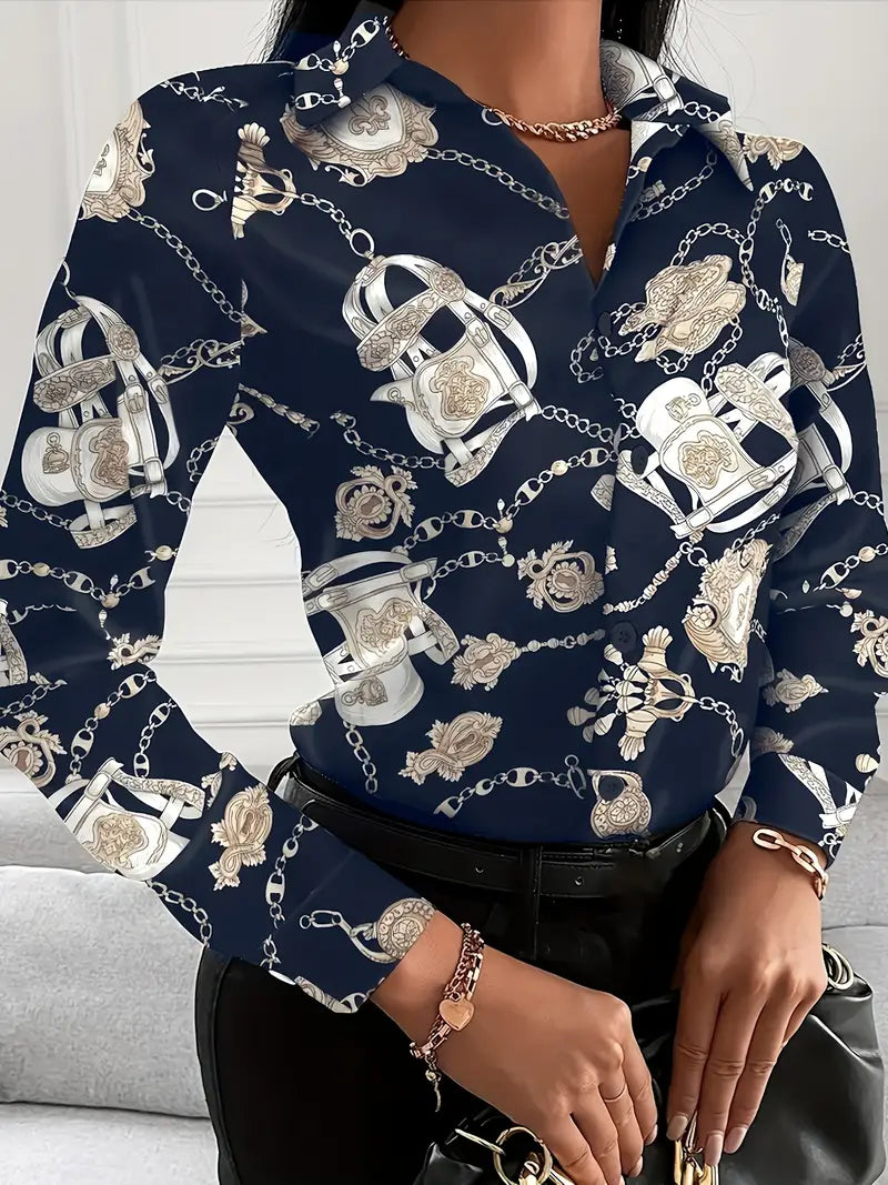 Camisa com estampa de corrente, camisa casual de manga comprida com botão frontal e gola
