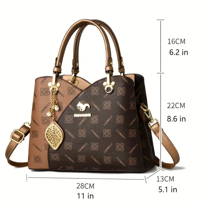Bolsa de padrão geométrico vintage, bolsa de ombro multicamadas com decoração elegante de pingente, bolsa perfeita para uso diário