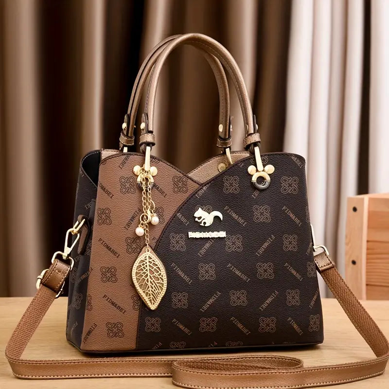 Bolsa de padrão geométrico vintage, bolsa de ombro multicamadas com decoração elegante de pingente, bolsa perfeita para uso diário