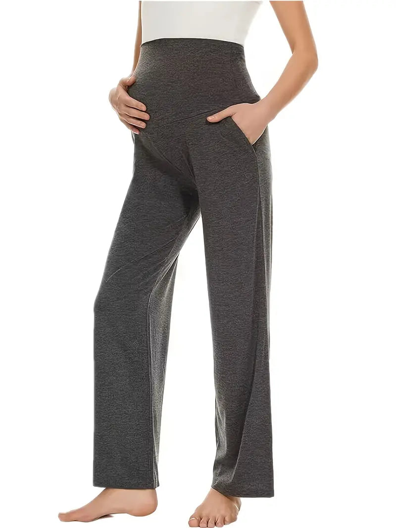 Calças de apoio de barriga de cintura alta para mulheres grávidas com bolso, casual elástico elástico solto calças de lazer maternidade