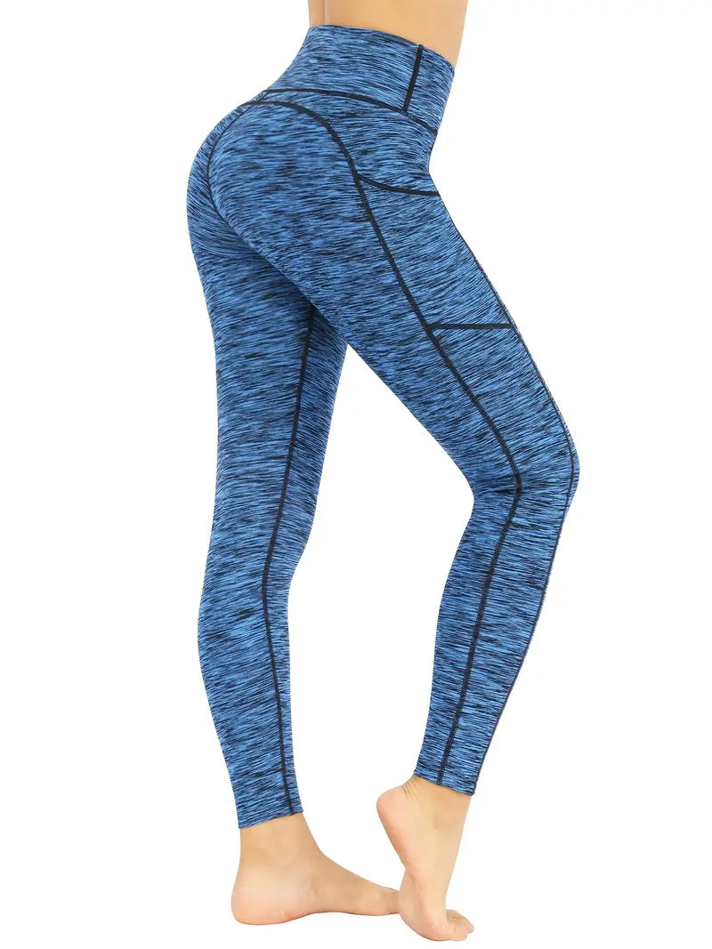 Calças colantes cintura alta yoga fitness, bolsos elásticos de cores sólidas