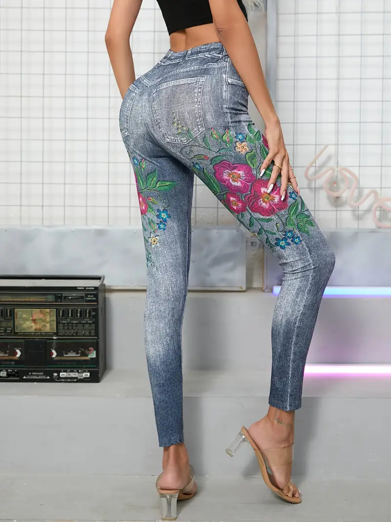 Calça jeans floral estampada de cintura alta cortada ao corpo com bolsos falsos