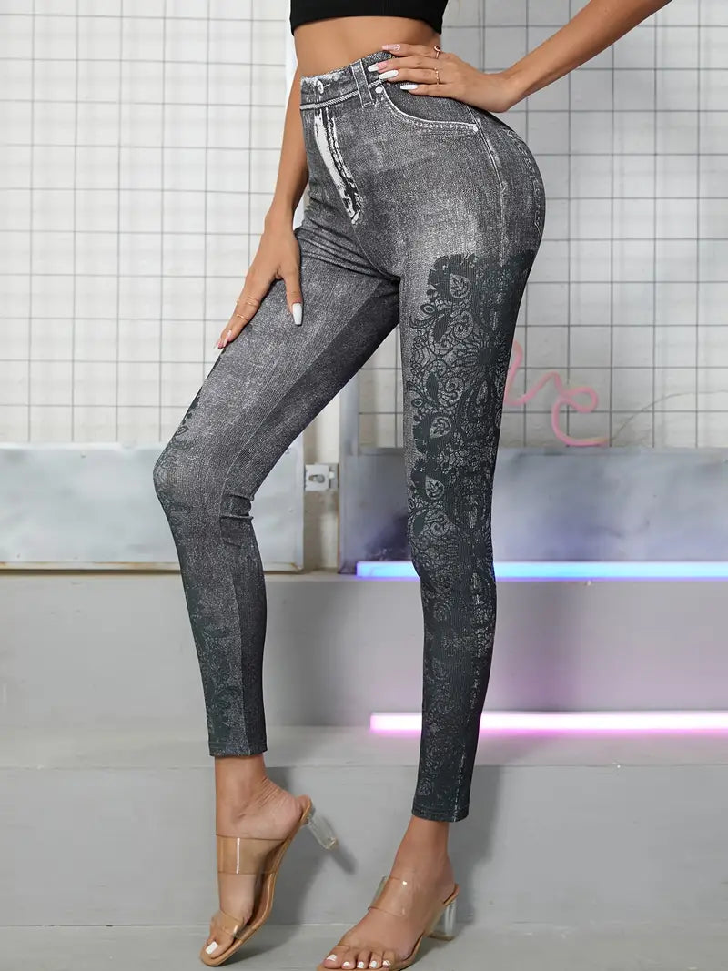 Calça jeans floral estampada de cintura alta cortada ao corpo com bolsos falsos