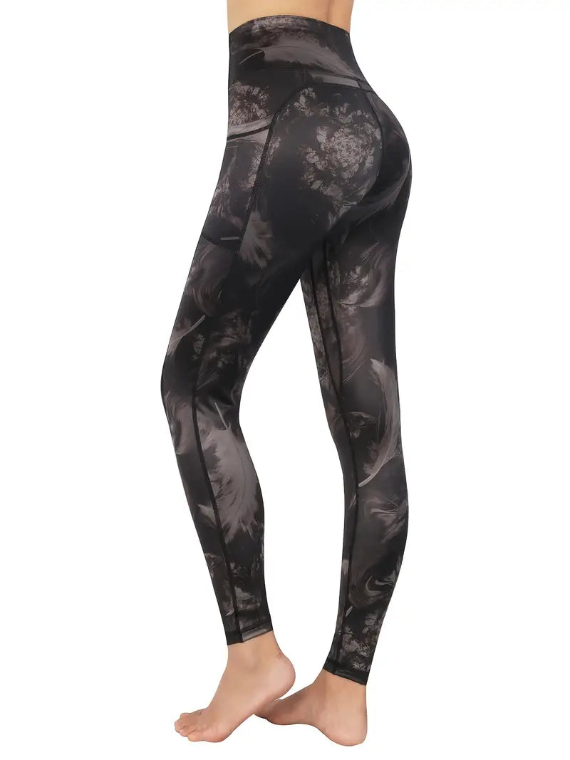 Calças colantes cintura alta yoga fitness, bolsos elásticos de cores sólidas