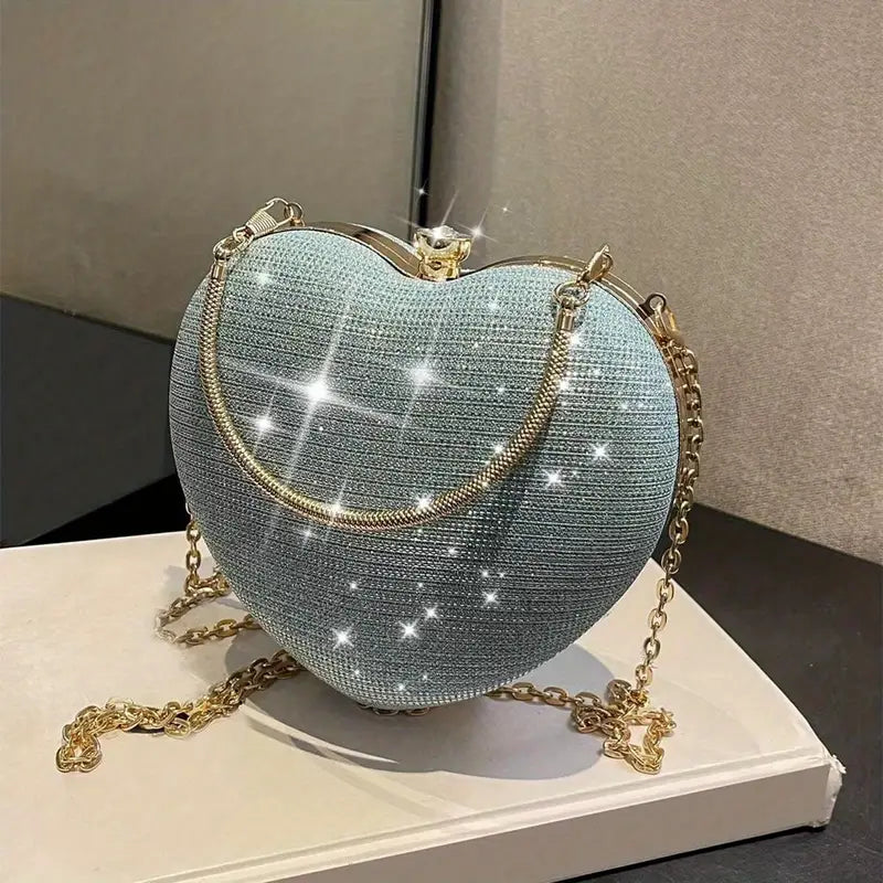 Mini bolsa formato de coração, bolsa crossbody com corrente brilhante