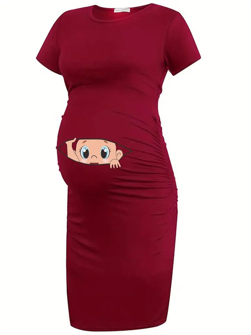 Vestido feminino de maternidade com estampa gráfica fofa de desenho animado vestido de manga curta