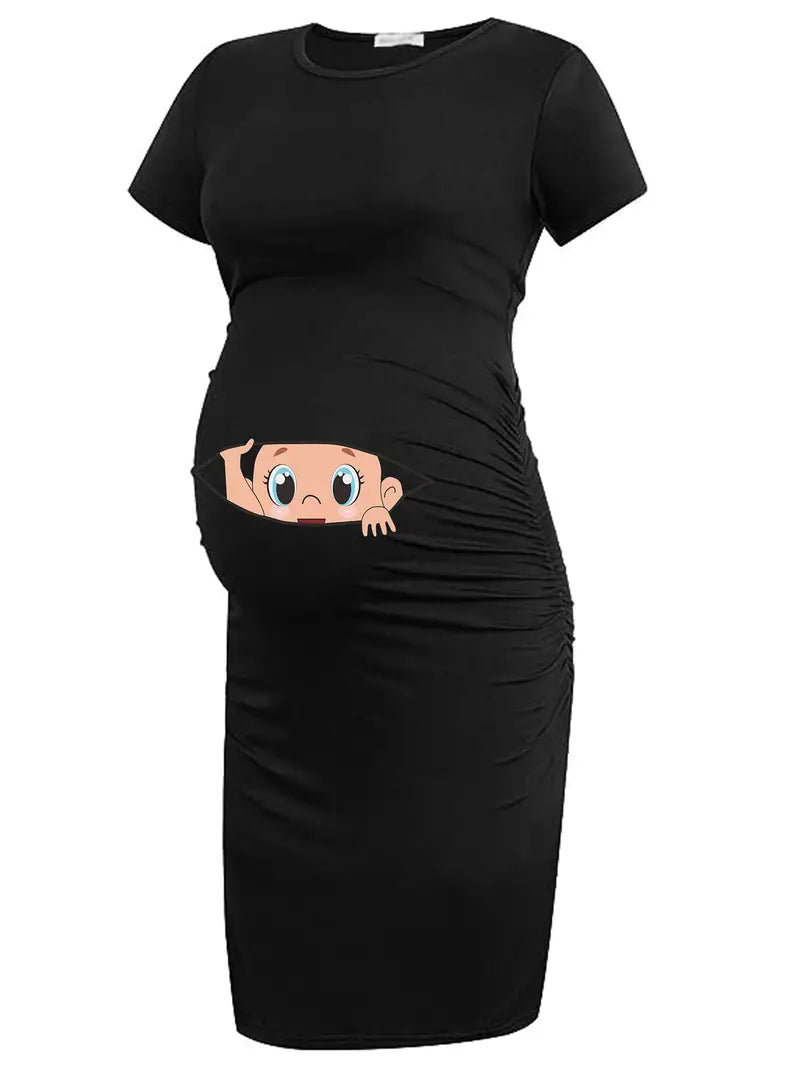Vestido feminino de maternidade com estampa gráfica fofa de desenho animado vestido de manga curta