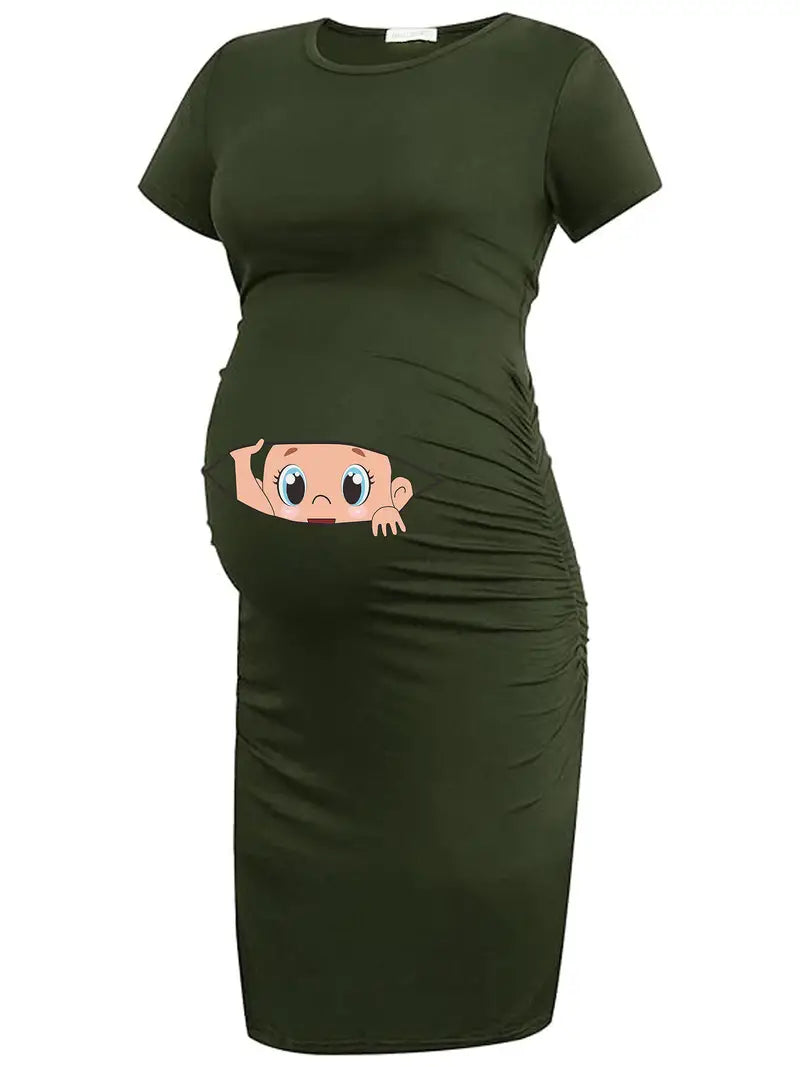 Vestido feminino de maternidade com estampa gráfica fofa de desenho animado vestido de manga curta