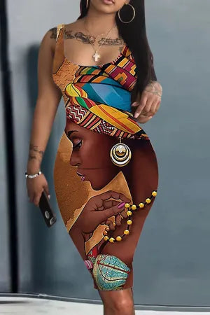 Vestidos de saia única com decote em U e estampa casual colorida