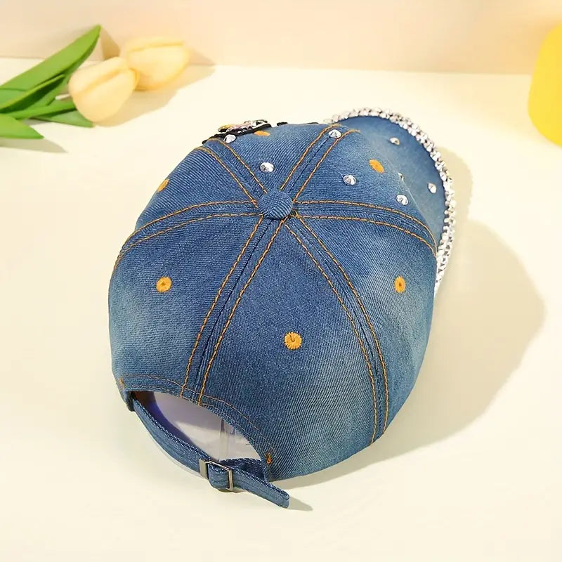 Chapeu elegante com decoração de strass com padrão de borboleta- Azul