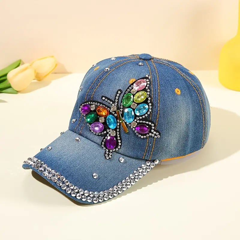 Chapeu elegante com decoração de strass com padrão de borboleta- Azul