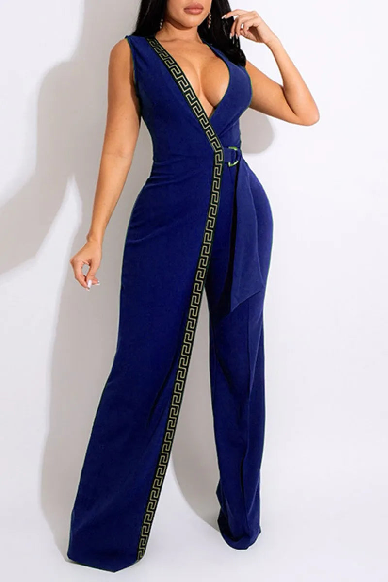 Macacões Sexy elegante estampa patchwork com cinto retos com decote em V