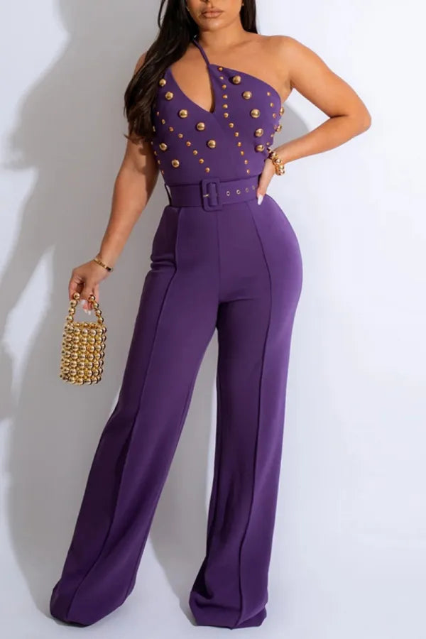 Macacões Sexy casual sólido sem costas com cinto gola oblíqua