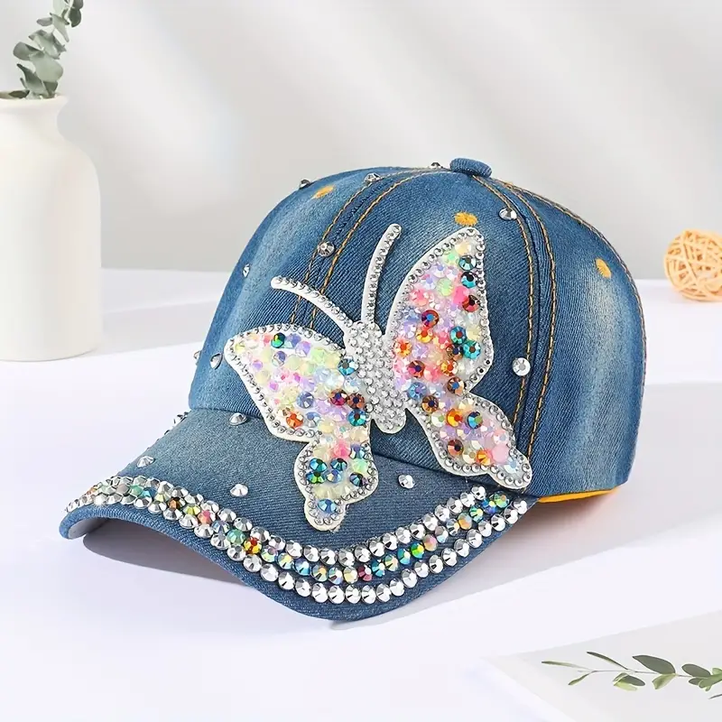 Chapeu elegante com decoração de strass com padrão de borboleta- Azul